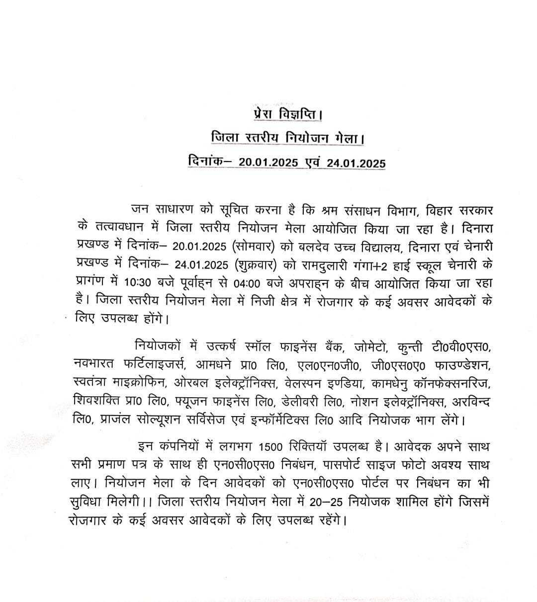 हिंदी समाचार |20 जनवरी 2025 को लगेगा जिला स्तरीय...